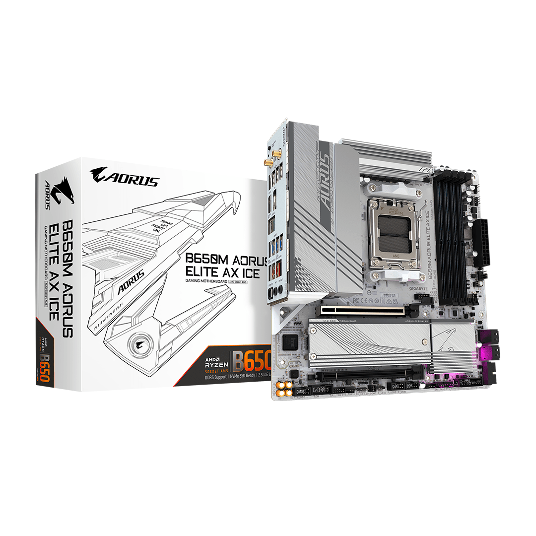 b650m-aorus-elite-ax-ice-014255 Placa madre Aorus, AM5, M-ATX, PCI 4.0, 2x M.2, 4 DIMM DDR5, WIFI6E - Bluetooth, Q-Flash Plus, color blanco - Imagen 1
